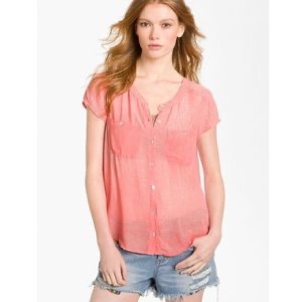 We the Free Spellbound sheer coral shirt, split back button down